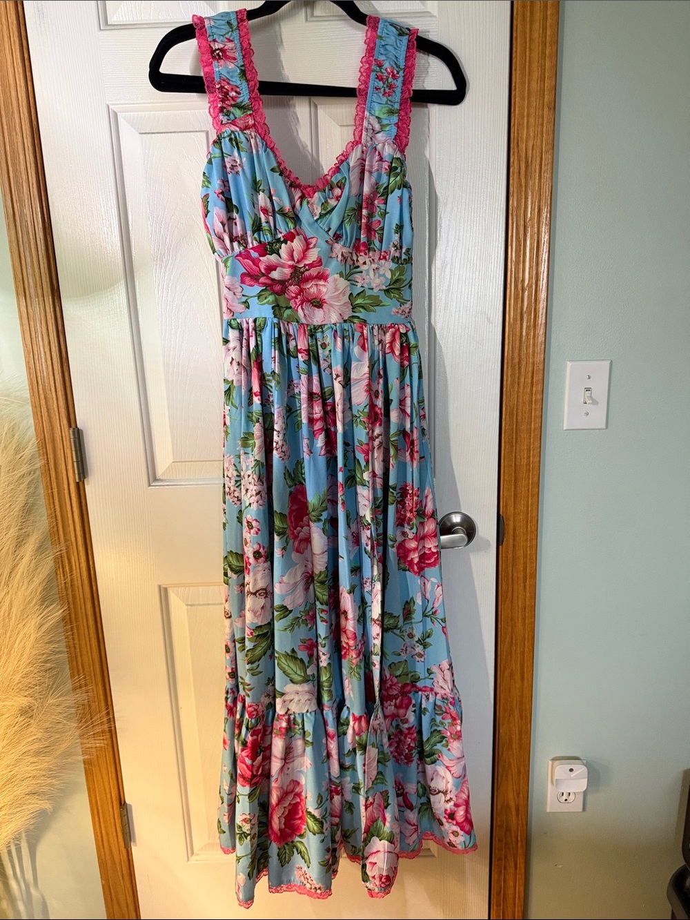 Blue Floral Midi Dress with Pink Trim
